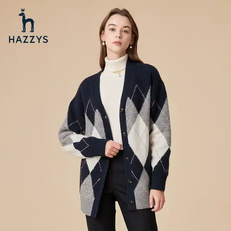 【呼呼专享】Hazzys哈吉斯冬季菱形格纹女士英伦风中长款羊毛开衫图片