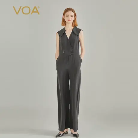 VOA30姆米重磅砂洗桑蚕丝翻领无袖收腰双排扣OL风真丝气质连体裤商品大图