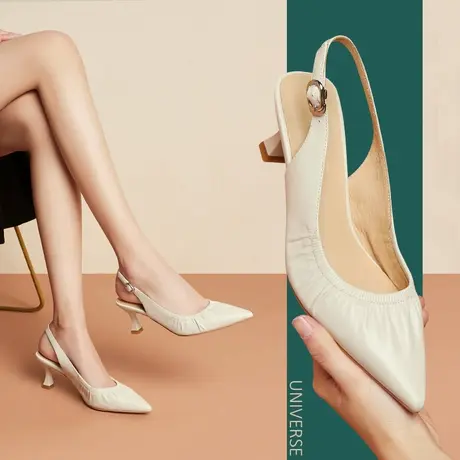 清仓凉鞋牛筋底尖头包头后空细跟高跟鞋纯色一字式扣带鞋图片