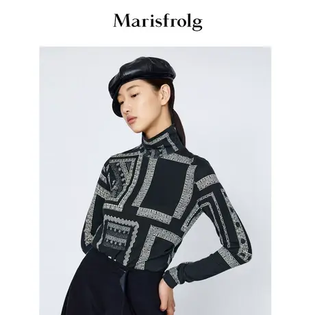玛丝菲尔打底衫秋冬纯羊毛黑色高领复古碎花针织衫女商品大图