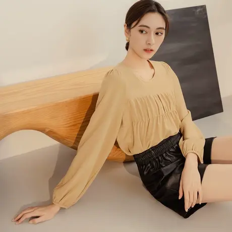 桔熊秋冬季通勤温柔不易皱圆领泡泡袖修身抽皱上衣女大码AB19141商品大图