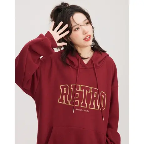 尔给红色连帽卫衣2023新款女秋冬加绒加厚宽松古着vintage上衣图片