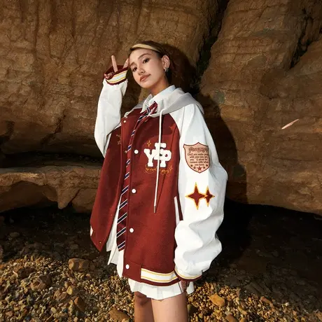 美式潮牌棒球服女春秋款连帽外套2023年新款复古宽松贴标夹克上衣商品大图