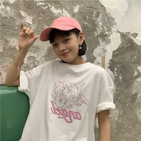 港味学院BF风卡通可爱小天使宽松纯棉百搭短袖T恤女2023夏季新款商品大图