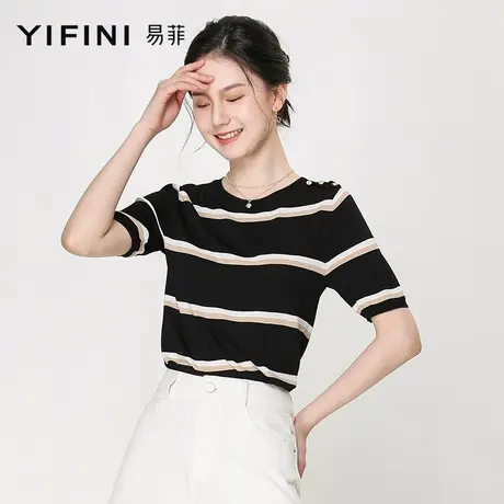 Yifini/易菲宽松圆领条纹针织衫上衣短袖薄款打底衫夏季新款商品大图