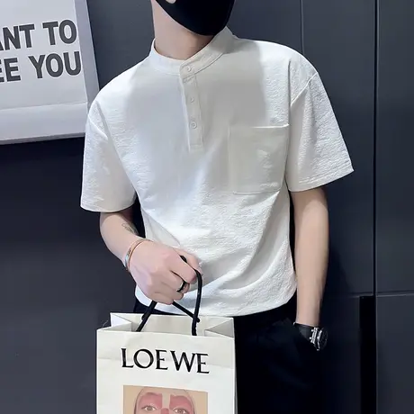夏季男士t恤短袖立领POLO衫工装休闲时尚潮牌纯色ins日系潮流体恤商品大图