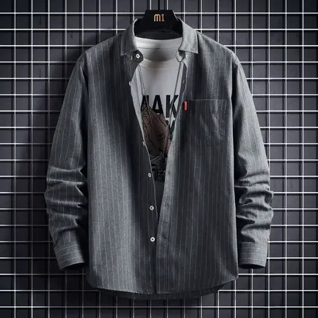 港士博潮牌秋季条纹长袖衬衣男装宽松商务休闲衬衫男士外套上衣服商品大图