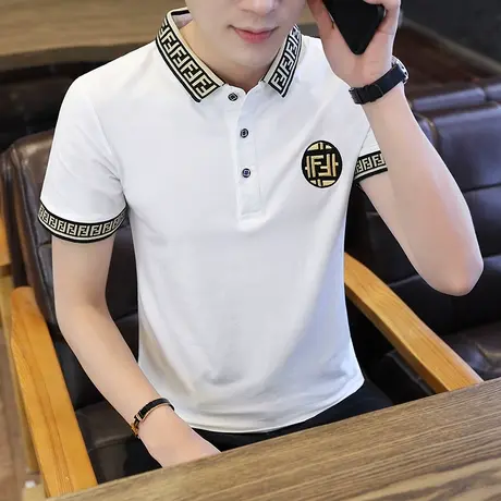 夏季刺绣潮牌男士短袖polo衫修身韩版潮流帅气白色翻领体恤半袖男商品大图