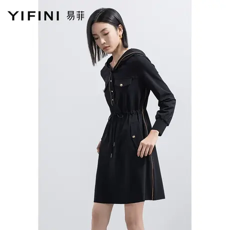 Yifini/易菲设计感小众长袖连帽连衣裙女春秋新款抽绳收腰裙图片