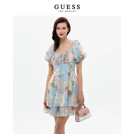 【38上新季】GUESS 女气质雪纺碎花连衣裙方领泡泡袖灯笼裙图片