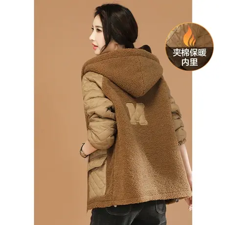韩潮袭人复古中长款连帽羊羔毛夹棉外套女冬季新款棉衣棉服厚商品大图