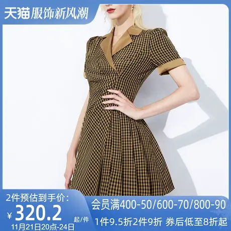 AUI复古气质格子连衣裙女2023夏新款不规则设计感收腰显瘦西装裙图片