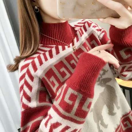 女士加绒加厚毛衣女爆款2023年新款秋冬宽松半高领打底衫洋气爆款图片