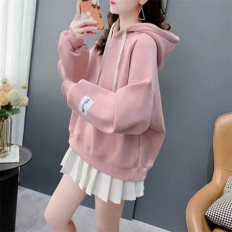 超火百搭加绒连帽卫衣女秋冬2023新款宽松短款小个子洋气学生上衣商品大图