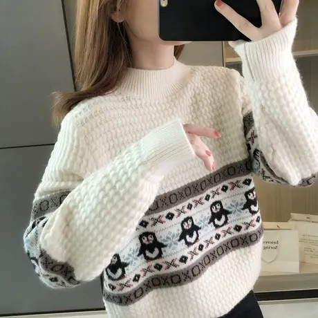 毛衣女秋冬季新款半高领打底衫女装卡通上衣短款宽松套头针织衫商品大图
