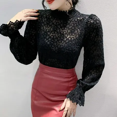 性感镂空蕾丝上衣女欧货洋气喇叭袖半高领打底衫春秋气质内搭长袖商品大图