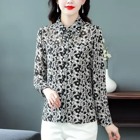 别致气质印花雪纺衬衫女上衣2023秋季新款女士长袖宽松显瘦女衬衣图片