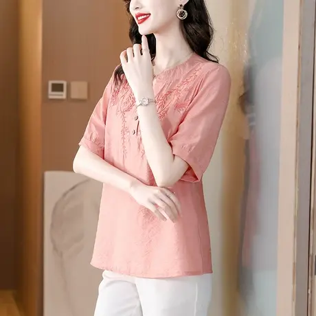 别致雪纺衬衫女夏季2023年新款刺绣短袖女装大码宽松遮肚洋气小衫商品大图