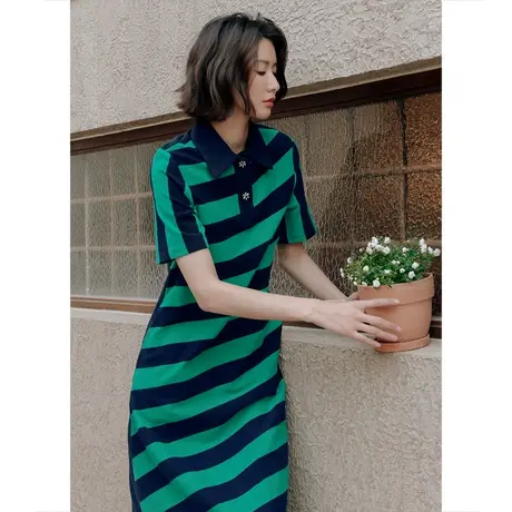 弥古休闲度假polo连衣裙女夏季显瘦沙滩裙法式撞色条纹针织t恤裙图片