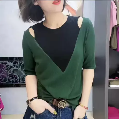 露肩短袖T恤女2023夏新款圆领拼接韩版时尚洋气减龄设计感上衣潮商品大图