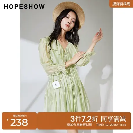 红袖outlets提花连衣裙hopeshow2023夏季新款女装荷叶边系带V领裙图片