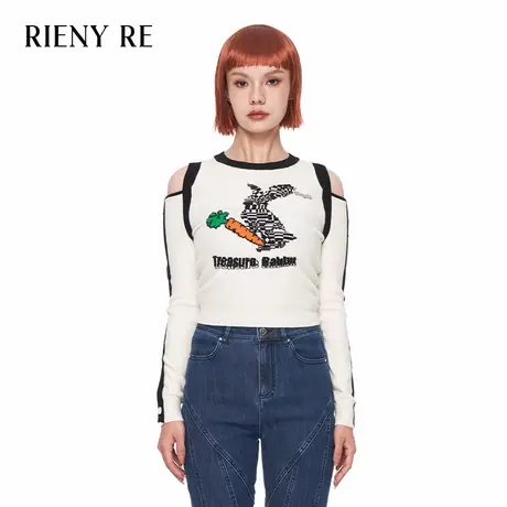 RIENYRE针织衫女秋冬款法式复古镂空长袖宽松印花高级感短款上衣商品大图