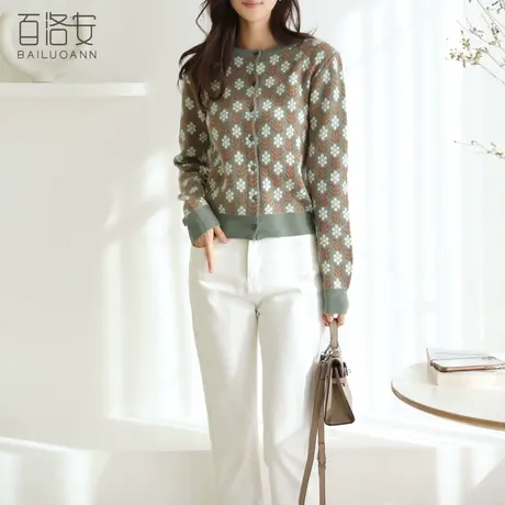 百洛安时尚撞色针织衫开衫女春装款韩版气质提花长袖圆领毛衣外套商品大图