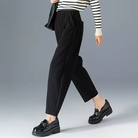 黑色毛呢裤子女秋冬2024新款小个子九分哈伦裤冬季妈妈宽松休闲裤商品大图
