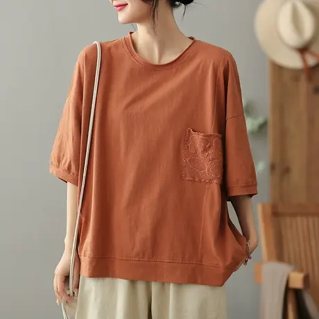 dza复古圆领纯棉短袖T恤女2023夏季薄款口袋体恤宽松显瘦打底上衣商品大图