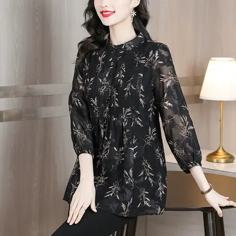 雪纺衫女长袖早秋新款加肥加大码女装宽松中长款洋气碎花小衫上衣商品大图