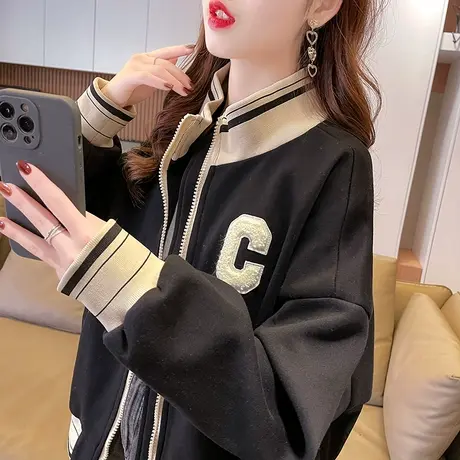 半高领短款外套女春秋季韩版宽松薄款早春小个子撞色棒球服开衫潮商品大图