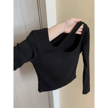 辣妹露锁骨长袖T恤女秋冬季修身显瘦镂空设计感小众上衣纯欲性感商品大图