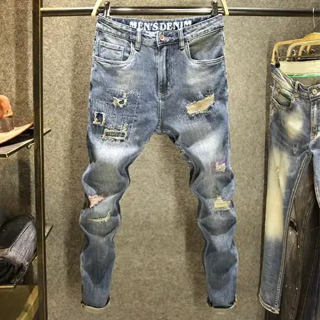 大破洞补丁牛仔裤男潮流韩版修身乞丐裤街头潮牌刮烂弹力小脚裤子商品大图