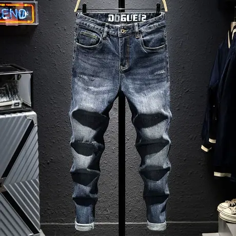 春夏款男士牛仔裤直筒宽松复古做旧弹力修身百搭长裤子男高档蓝色商品大图