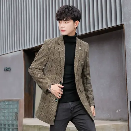 中长款格子毛呢大衣男士秋冬新款韩版ins格子呢子男装外套图片