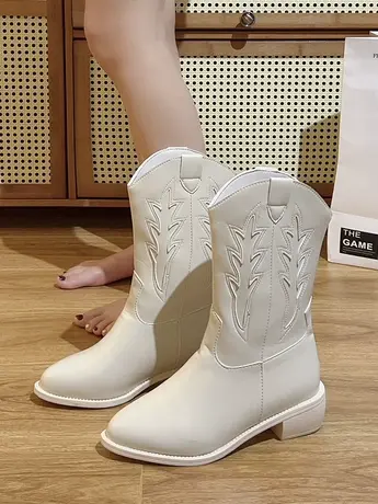 2023秋冬V口长靴女刺绣骑士靴复古中筒西部牛仔靴显瘦高筒长靴子图片