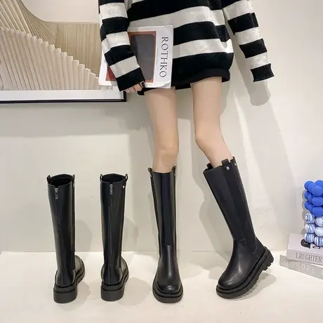 矮个子长靴女不过膝新款英伦风厚底粗腿高筒骑士靴mona同款烟筒靴图片
