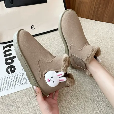 雪地靴女2023冬季新款短筒平底一脚蹬加绒时尚冬天棉鞋卡通短靴子图片