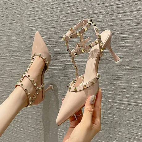 2024年春季新款一字扣带铆钉尖头高跟鞋女细跟气质性感仙女风单鞋商品大图