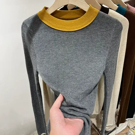 欧货撞色圆领长袖针织衫女毛衣2023秋冬新款洋气内搭打底衫上衣潮商品大图