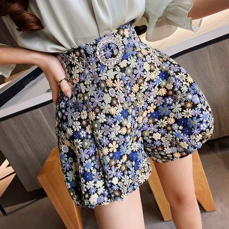 粉红大布娃娃复古百搭提花短裤女休闲宽松高腰阔腿裤显瘦2022新款图片