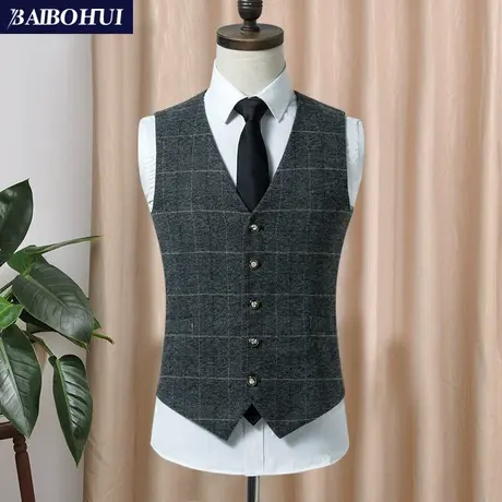 春秋新款休闲西装马甲男士韩版修身时尚格子马夹男青年背心坎肩潮商品大图