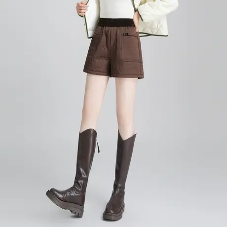 咖色加厚短裤女秋冬外穿2023新款松紧腰显瘦时尚休闲百搭阔腿靴裤图片
