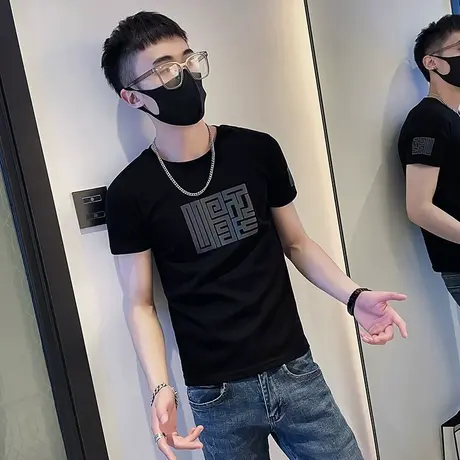 夏季男t恤打底衫上衣短袖修身半袖潮流简约印花潮牌学生圆领体恤商品大图