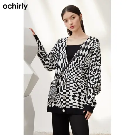 【呼呼严选专享】欧时力针织开衫新款秋冬撞色不规则棋盘格挎包外图片