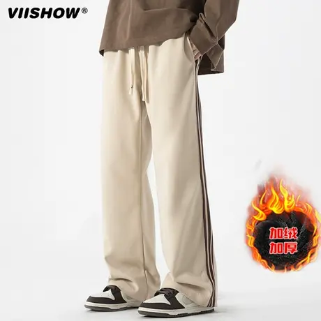 VIISHOW三条杠加绒运动裤男秋冬加厚宽松美式直筒阔腿慵懒风裤子商品大图