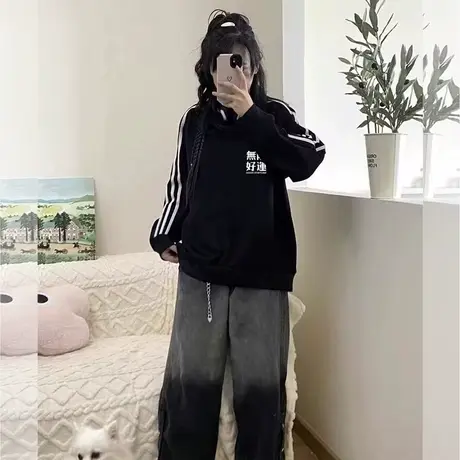 美式黑色卫衣圆领长款加绒加厚2024新款欧货宽松时尚洋气外搭上衣商品大图