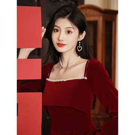 长袖敬酒服2023新款新娘酒红色大气高级感结婚订婚礼服冬季女系带商品大图