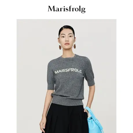 【轻密针织】玛丝菲尔时尚气质圆领撞色logo半袖灰色修身针织衫女商品大图