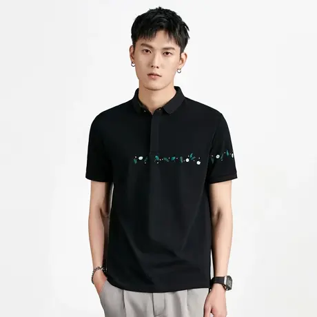 冰丝凉爽新短袖POLO衫男春夏新文艺花卉刺绣透气白黑色翻领T恤男图片